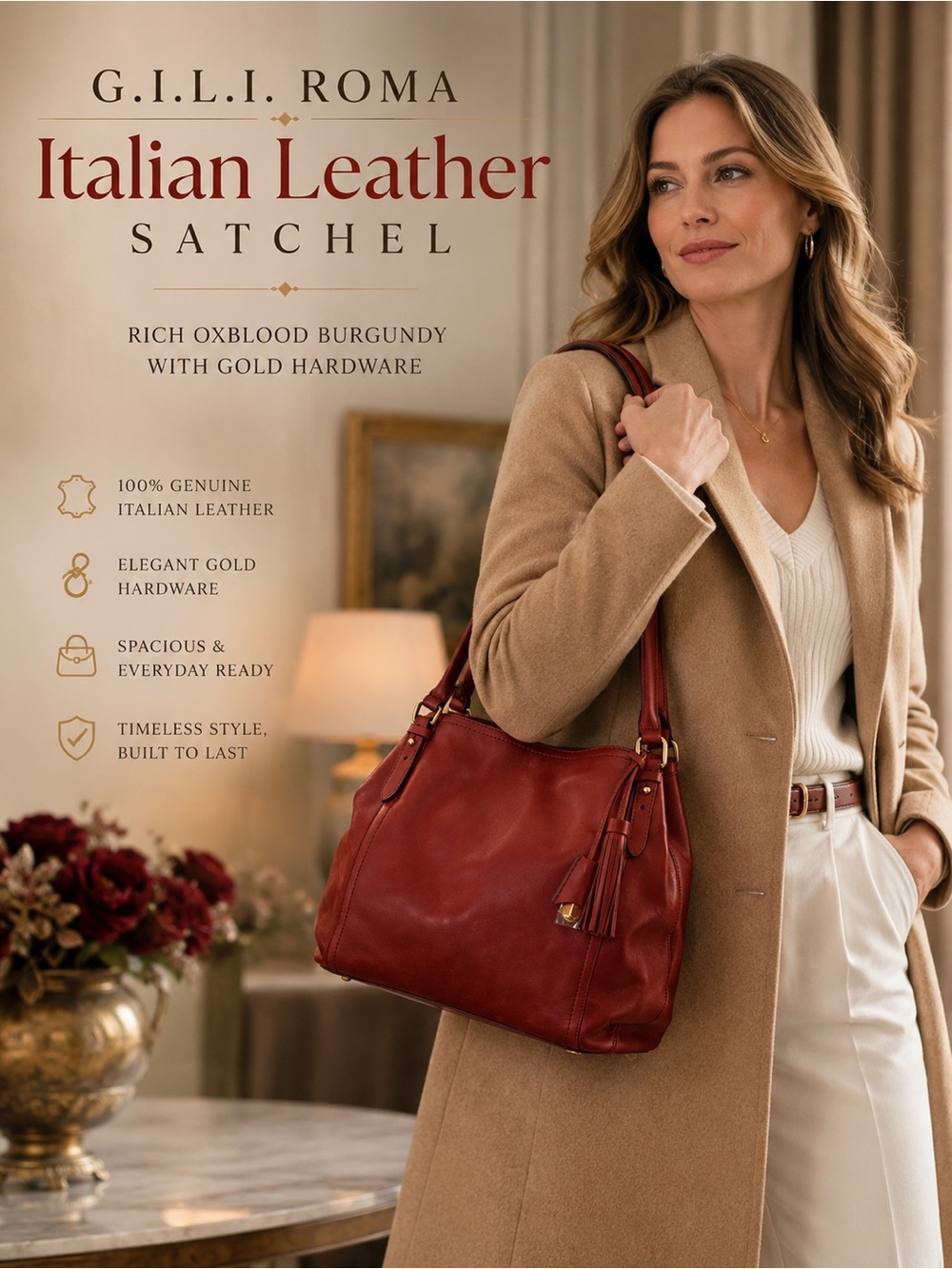 Red Leather Tassel Shoulder Bag - Women